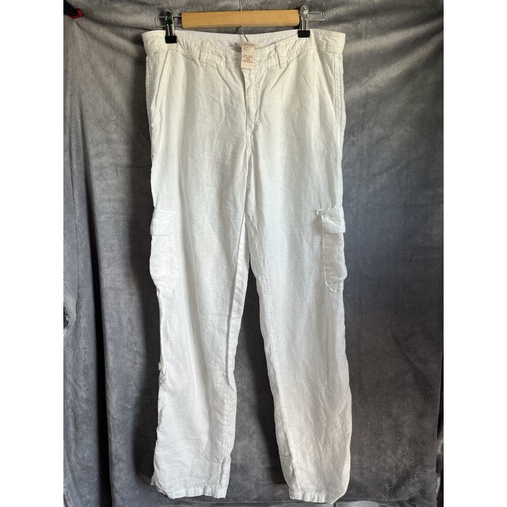 Sundance Women Size 8 White 100% Linen Straight leg Cargo Pants Button Closure